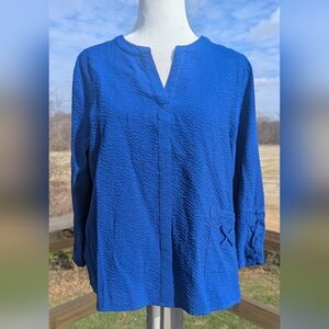Habitat Large Blouse Blue w/ Vneck Crinkle Texture 3/4 Length Sleeves